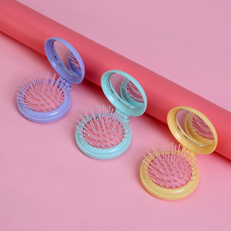 Tragbarer runder Mini-Haarkamm mit Spiegeltasche, kleine Größe, Reisemassage, zusammenklappbarer Haarkamm, Damen-Haarbürsten, Styling-Werkzeuge