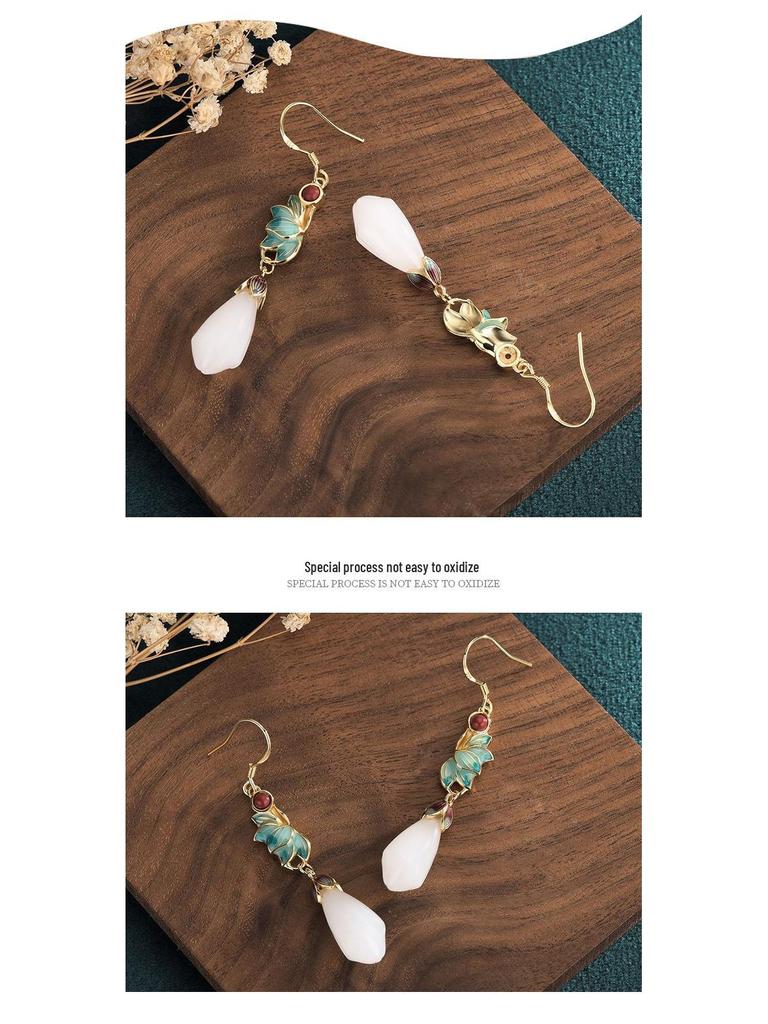 Cloisonné Magnolia Earrings with Gold-Plated Copper and Imitation Hetian Jade in Retro Court Style