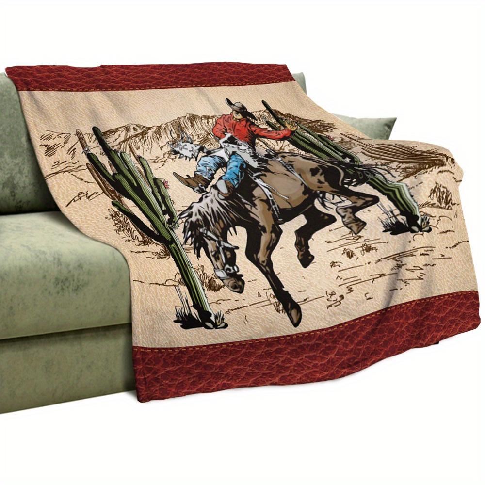 Luxurious Rustic Western Flannel Throw Blanket - Vintage Farmhouse Cow & Cactus Design, Ultra-Soft, Colorful Fuzzy Blanket