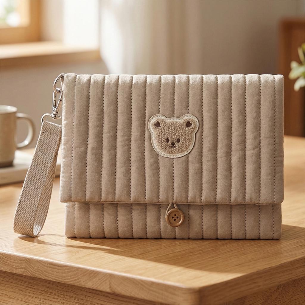 Cute Bear Embroidery Diaper Clutch Bag Foldable Quilted Diaper Pouch Multiple Pockets with Wipes Pocket Travel Essential for Mom