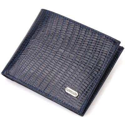 Textured Stylish Wallet for Men Without a Fastener In a Horizontal Format Made of Genuine Leather with Embossing CANPELLINI 21760 Blue