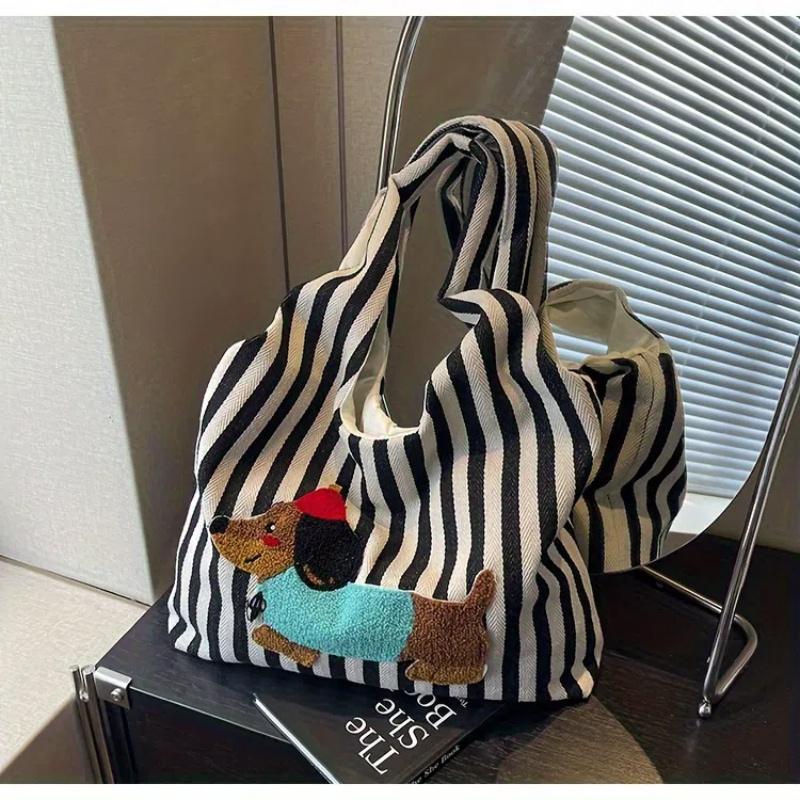 A Stylish and Casual Striped Tote Bag Featuring a Cute and Fun Dachshund Embroidery Pattern, Durable Bag Has a Nylon Lining, Suitable for Charming