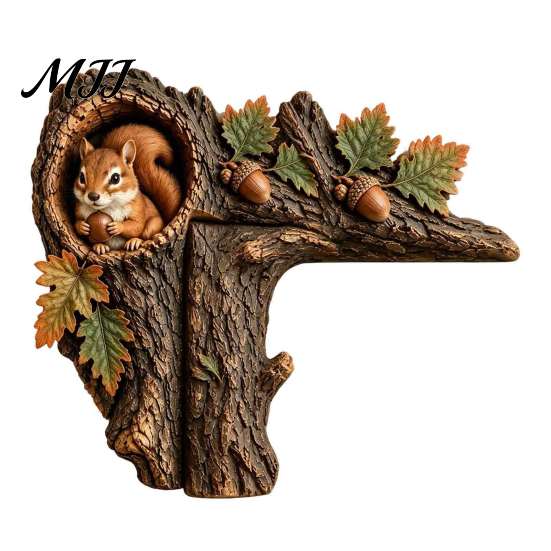 Christmas Classroom Decoration Woodland Chipmunk Door Topper, Resin Tree Hollow Corner Decor with Oak Festive Wooden Ornament Leaves, Cute Forest