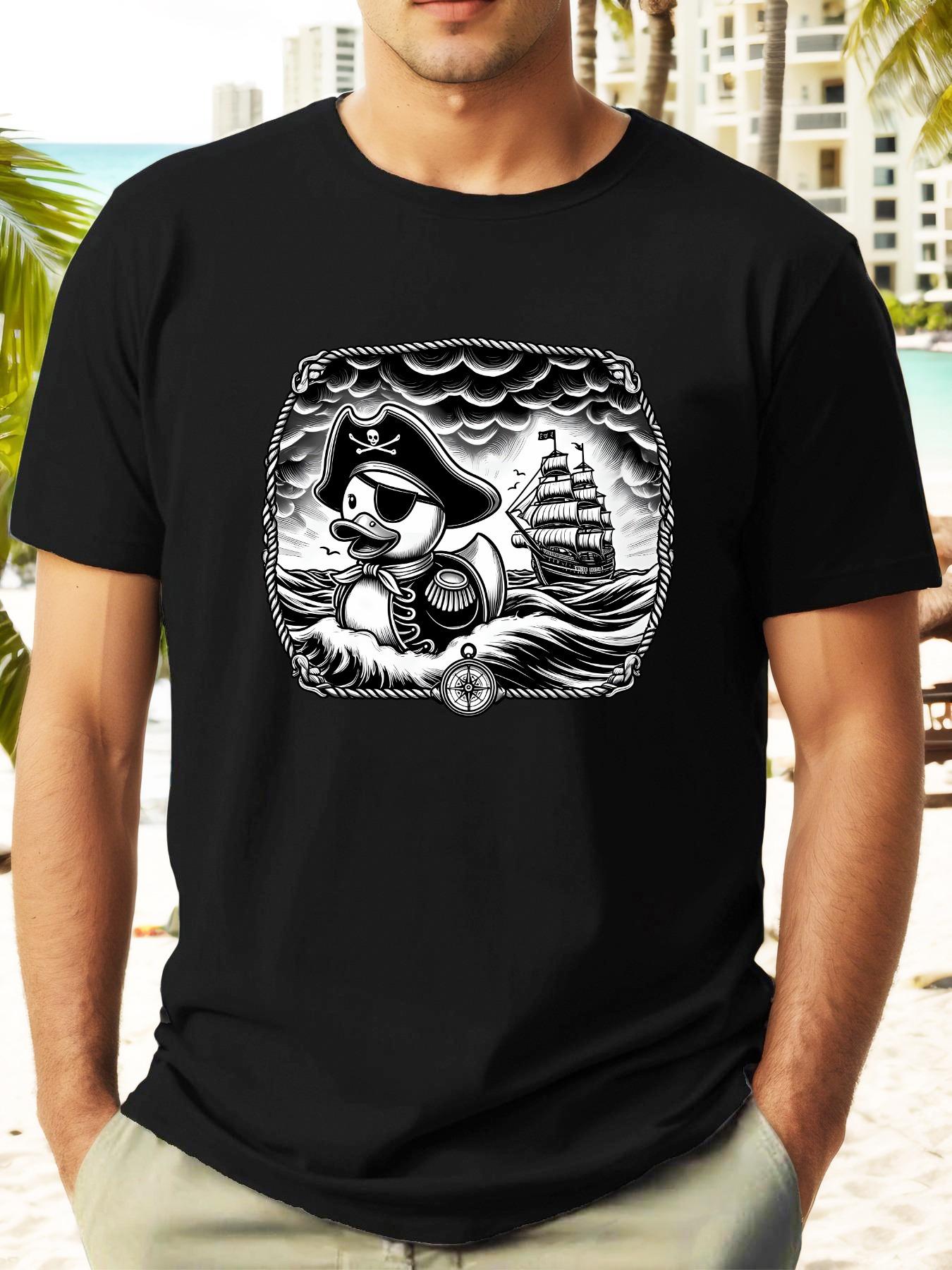 Pirate Duck Graphic T-shirt - Summer Casual Short Sleeve Round Neck Tee with Bold Black & White Print S