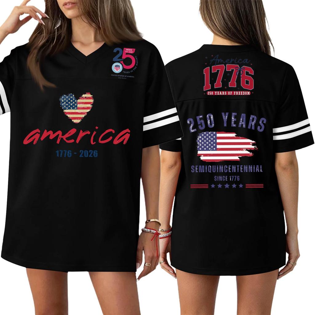 Damska Codzienna Modna Koszulka Sportowa z Dekoltem V z Nadrukiem na Dzień Niepodległości Krótkim Rękawem Top