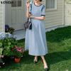 VONDA Women Summer Casual O-Neck Short Sleeve Stitching Dress Sundress