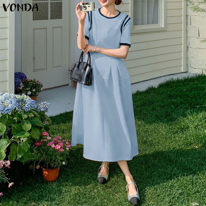 VONDA Women Summer Casual O-Neck Short Sleeve Stitching Dress Sundress