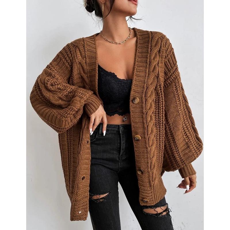 Autumn New Loose Plus Size Knitted Sweater Coat Women Winter Fashion Twists Solid Cardigan Women Vintage V-neck Lantern Sleeve Cardigans Jacket 24594