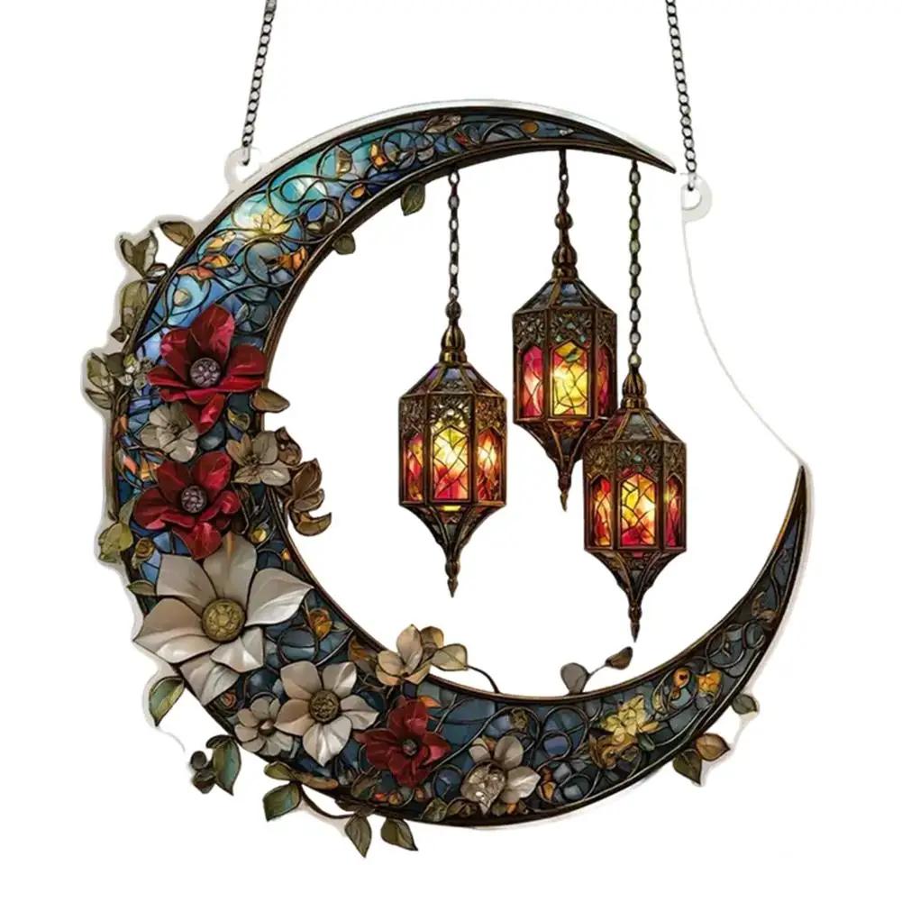 1PCS Retro Colored Disc Hanging Decoration 2D Acrylic Pendant Stained Window And Ornament Moon Hanging Sun Suncatcher W2R2