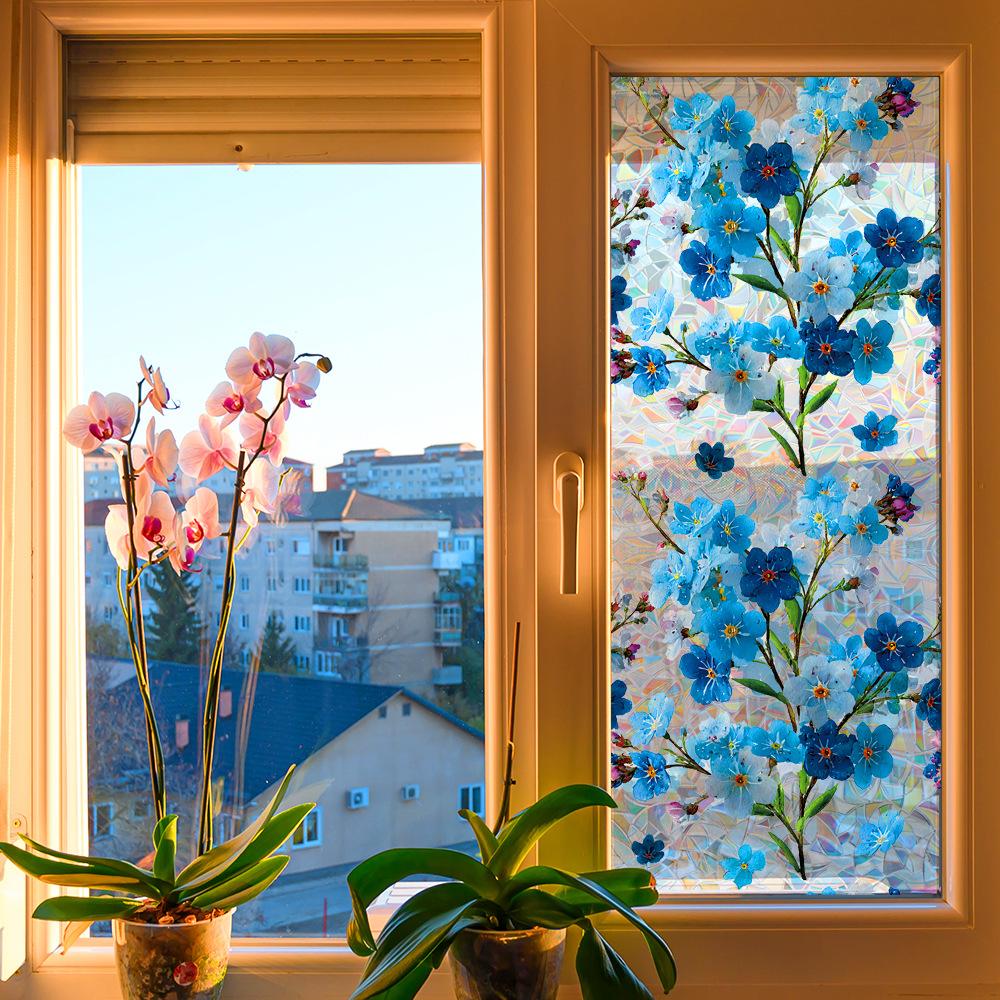 Fresh and Vibrant Laser-Cut Blue Flower Branch Home Decor Glass Window Adhesive Sticker