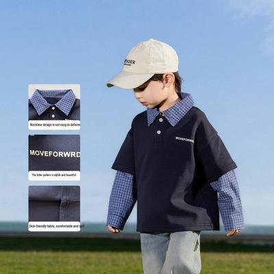 Nausicaa 2025 Frühling Kinder Koreanischer Stil Gefälschtes Layering Buchstaben T-Shirt mit Polokragen für Jungen und Mädchen