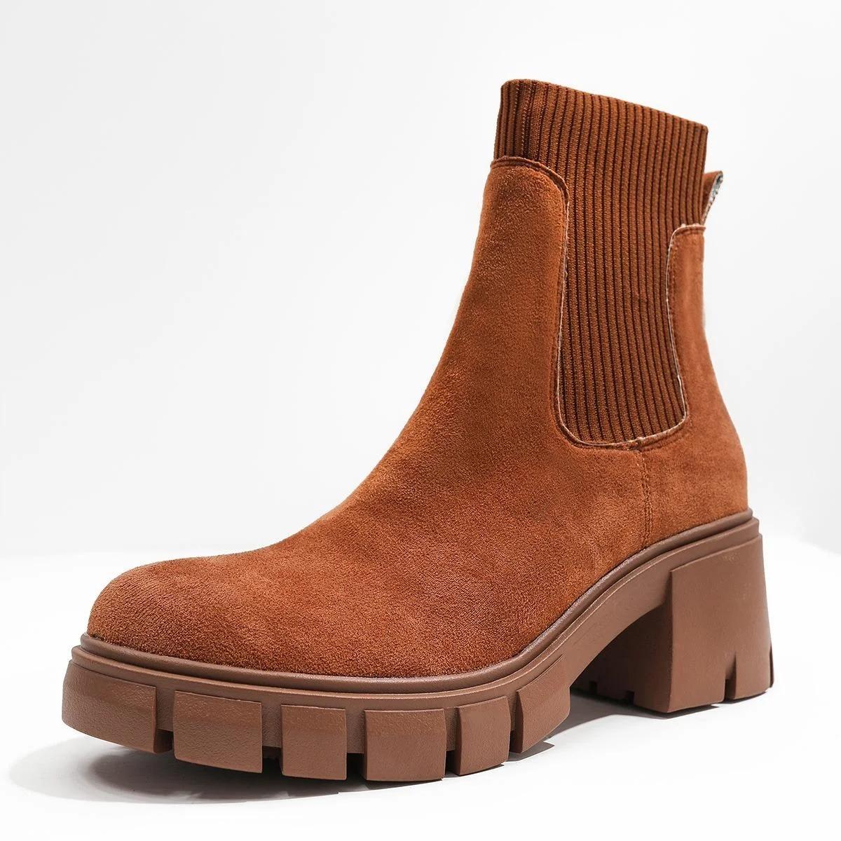 

Женские винтажные красновато-коричневые ботильоны, модные эластичные ботинки Martin с круглым носком, 2024, осенние уличные нескользящие ботинки на высоком каблуке 37