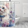1pc Shower Curtain - White Ragdoll Cat, Floral & Butterfly Design, 71x71 Inch, Polyester, 12 Hooks, Hand Wash, Summer Decor