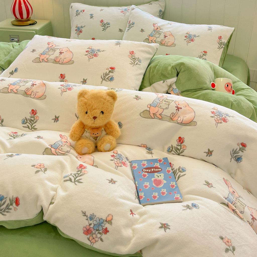 Winter milk fleece four-piece set thickened warm high gram weight double-sided fleece printed double-spell design bed sheet quilt cover