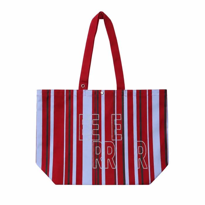 Weekend warrior stripe embroid canvas tote-bag (Red cyan)