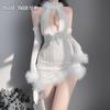 Sexy Lingerie Deep V Bunny Girl Uniform Cosplay Costume Halter Backless Plush Slim Bodycon Dress Open Chest Nightclub Temptation