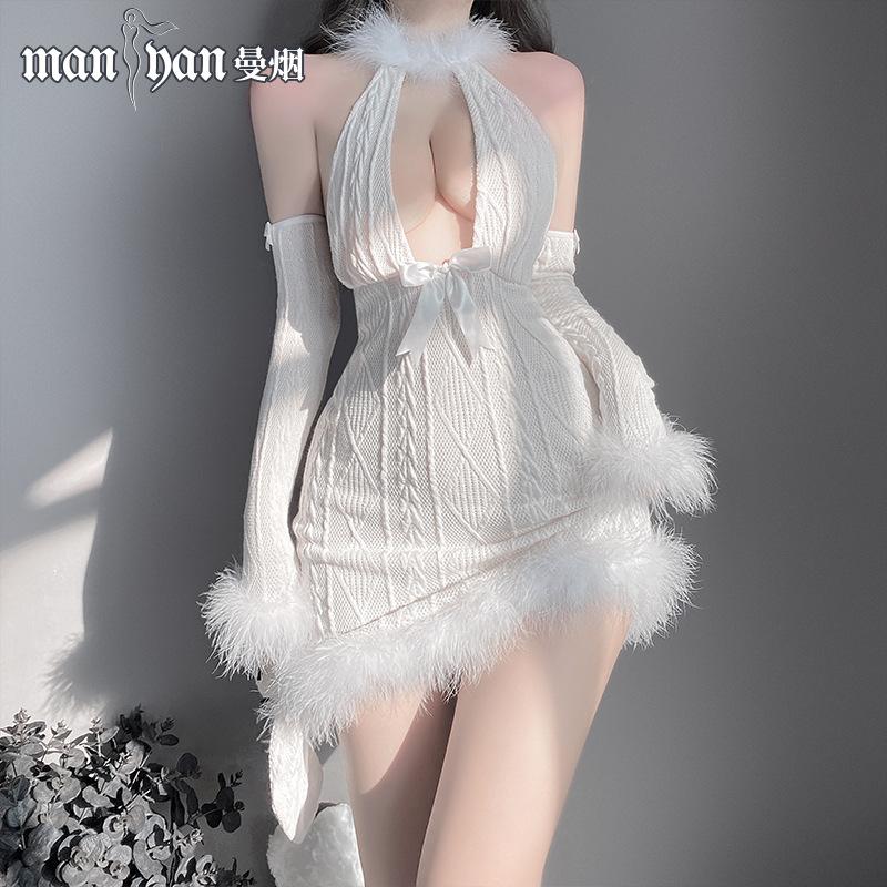 Sexy Lingerie Deep V Bunny Girl Uniform Cosplay Costume Halter Backless Plush Slim Bodycon Dress Open Chest Nightclub Temptation