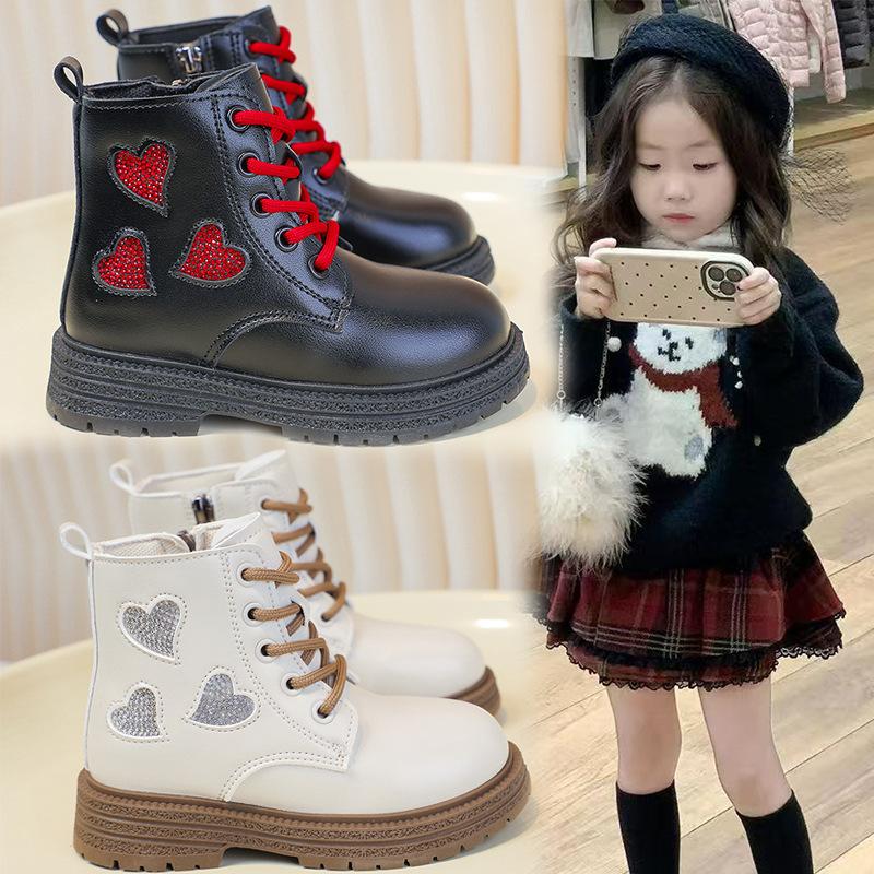 Girls Martin boots 2025 autumn and winter new British style children's short boots love princess leather boots girls velvet cotton boots