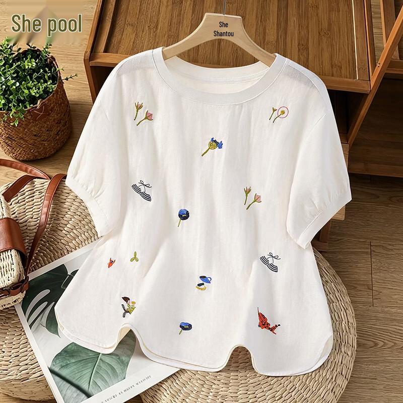 Women s Linen Embroidered Drop Shoulder Round Neck Shirt XL белый