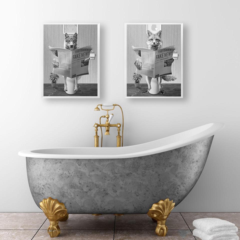 Poster im rustikalen Bad-Stil, Vintage, Fuchs in der Badewanne, Toilette, Tier-Badezimmer-Wandkunst, Bilder, schwarz-weiß, lustiges Leinwandbild, Dekor