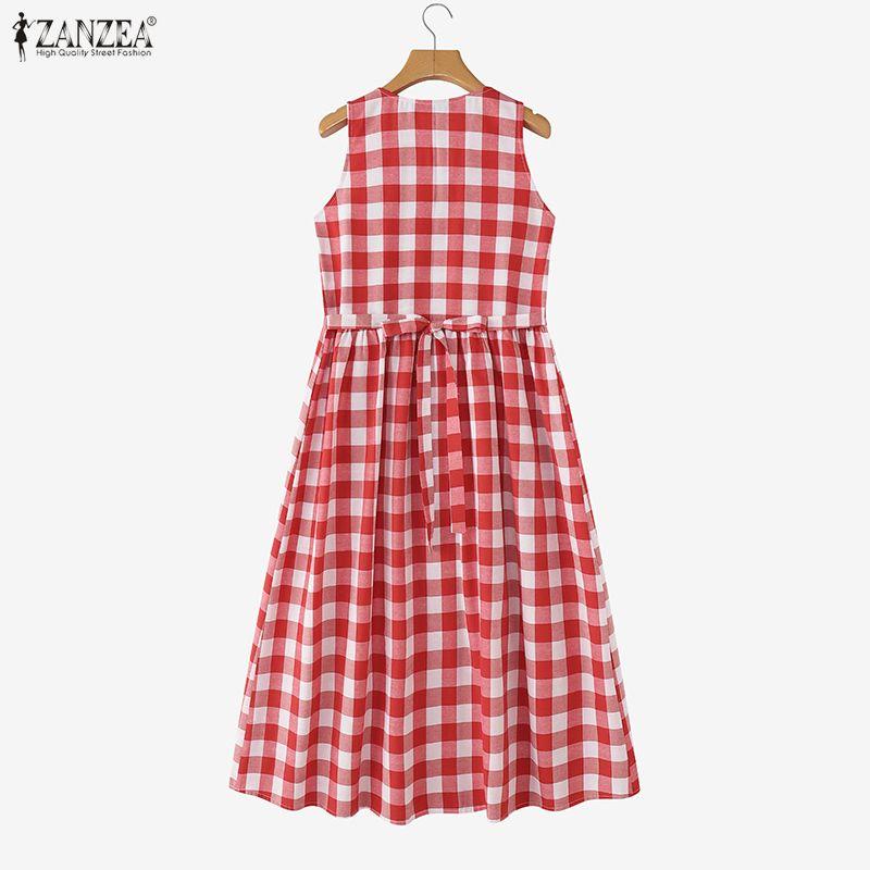 ZANZEA Women Grid Print Loose Casual Sleeveless Dress