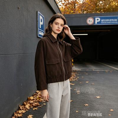 Dame Standkrave Kunstlæder Cropped Jakke Løs Afslappet Langærmet Cargo Kort Frakke