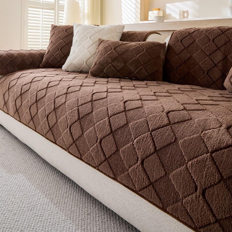 Shu Cotton Lint Sofa Cushion Thickened Autumn and Winter Plush Straight Row Leather Sofa Seat Cushion Dirt-resistant Simple Non-slip Cover