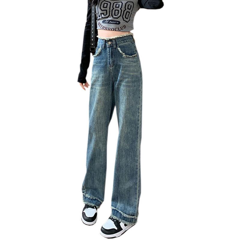 Hong Kong Style Women's High-Waisted Wide-Leg Frayed Jeans, Floor-Length Retro Flattering All-Season Pants