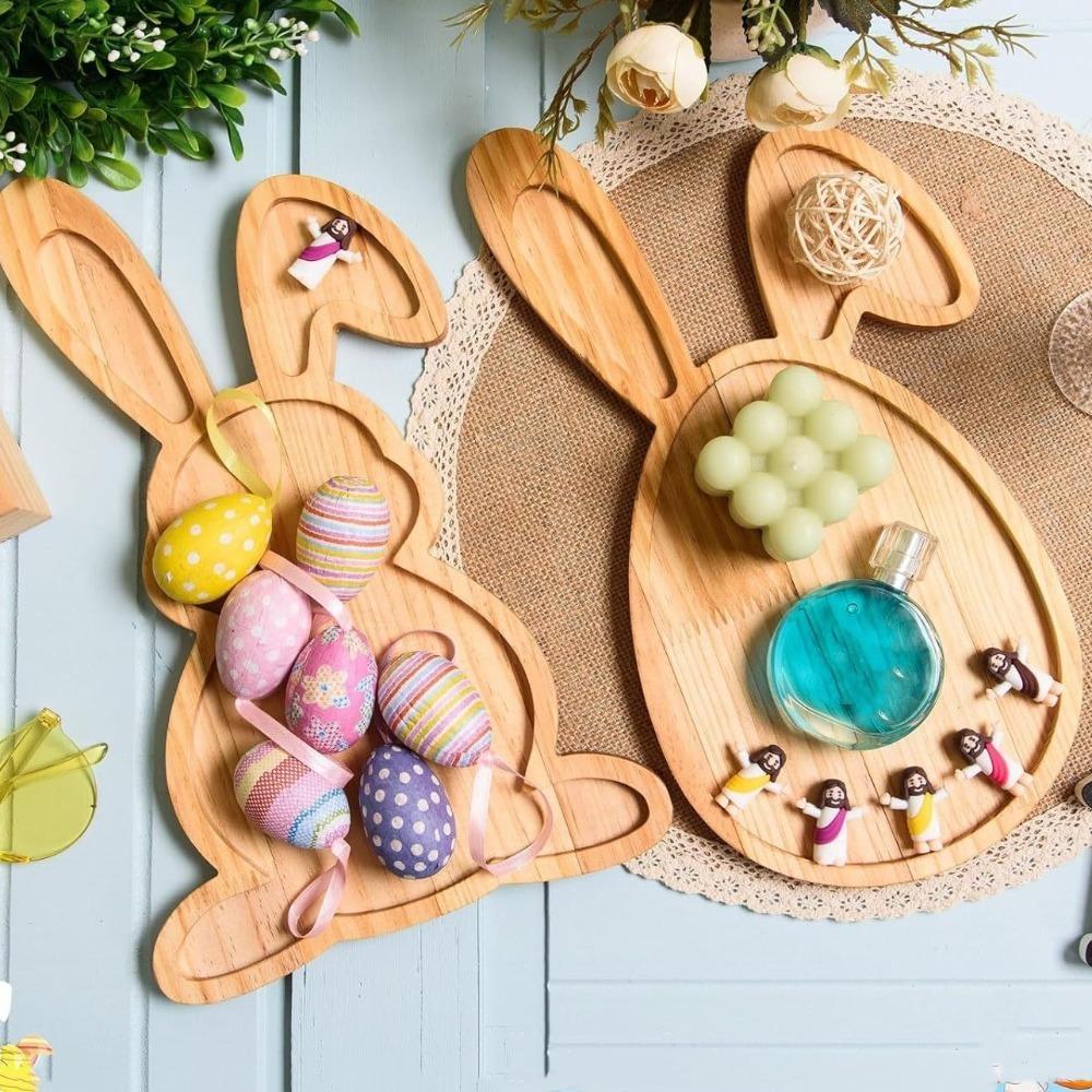 Easter Bunny Bamboo Tray Solid Color Wooden Dinner Plates Household Cake Decor Food Fruit Snack Plates