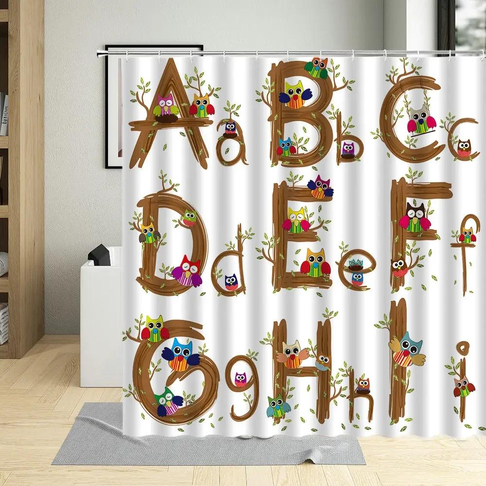 Cartoons Funny Animal Alphabet Shower Curtain Kids Learning Baby Child Bathroom Decor Screens Waterproof Bath Curtains With Hook