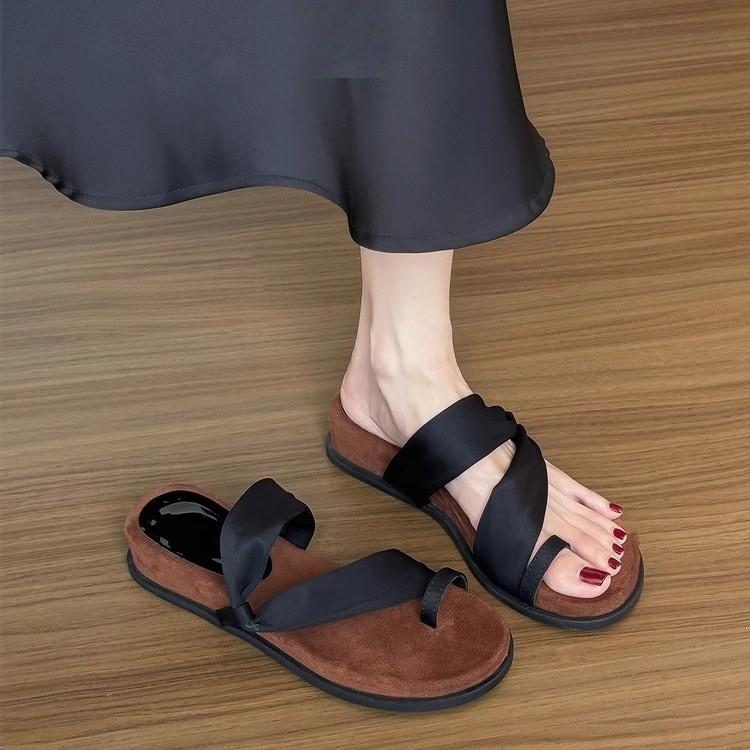 Soft leather~ French round head cover toe cool slippers women's summer outer wear temperament with skirt thick sole with two sandals