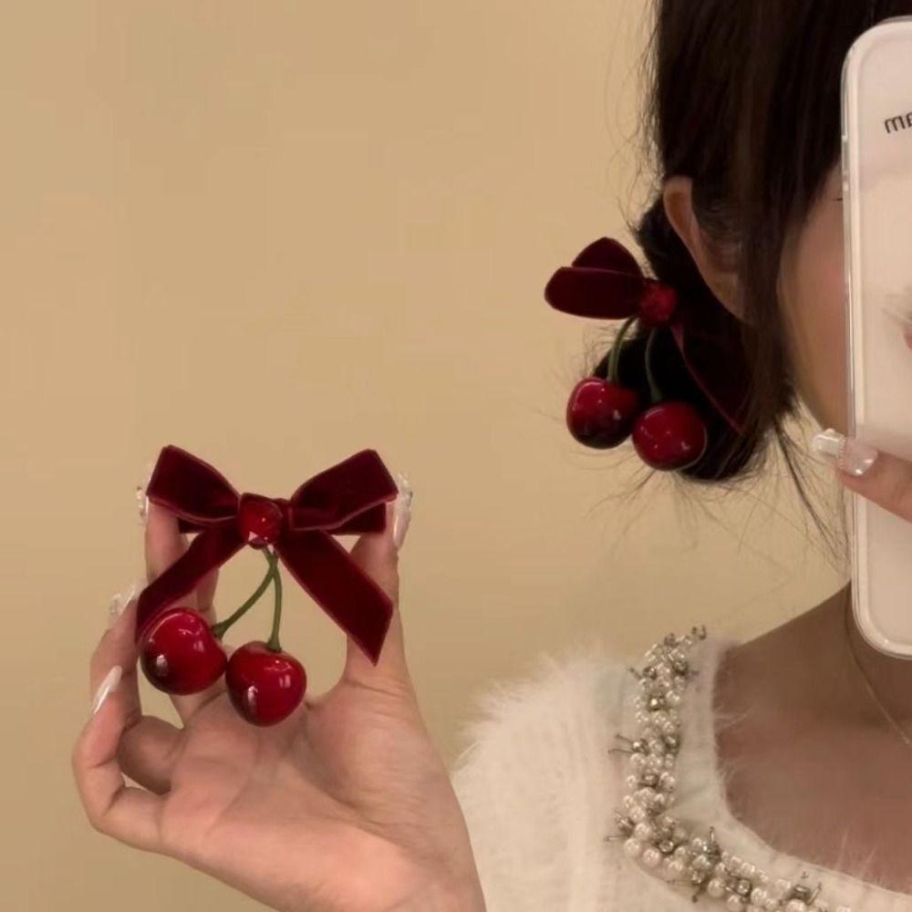 Red Velvet Velvet Bow Hair Clip Bowknot Cherry Hairpin Cute   Student