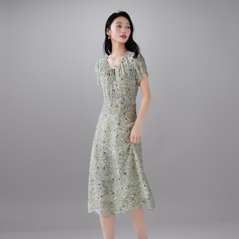 SOFSIL 2026 Summer French V-neck Floral Silk Dress