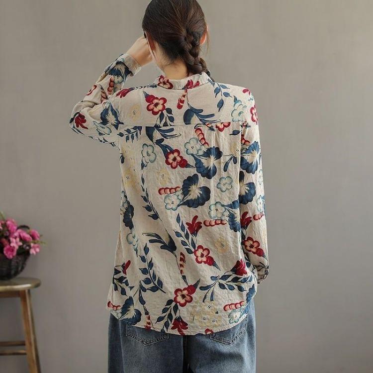 Camicia da Donna a Maniche Lunghe Stampa Floreale Cotone Lino Ampia Modellante Retro Artistica Stile Hong Kong Collo Trendy Moda Primavera Autunno