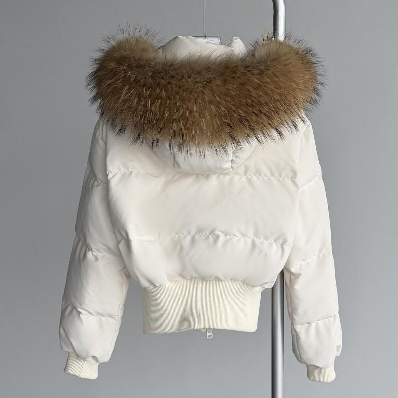 Womens Short Puffer Coat With Removable Hood Real Raccoon Fur Trim Waist-Cinched Fit Thick Winter Down Jacket