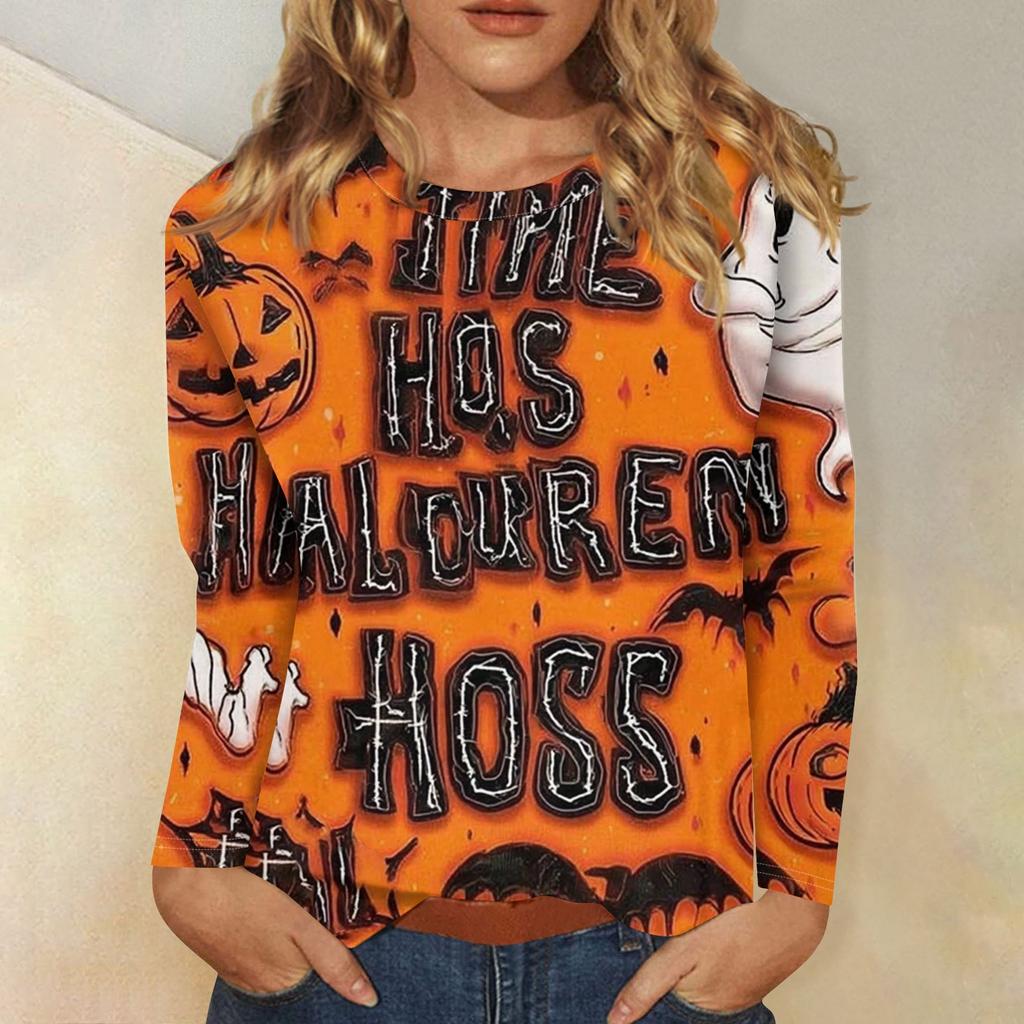 Women's Fashion Casual Halloween Printed Round Neck Long Sleeve Pullover Top