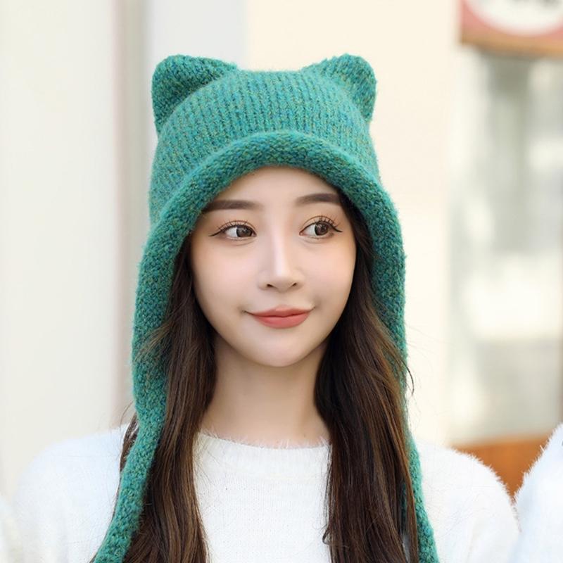 Unisex Solid Color Crochet Hat Cat Kitten Ear Shape Hat Warm Fluffy Winter Crochet Warm Skiing Supplies for Adult Teens