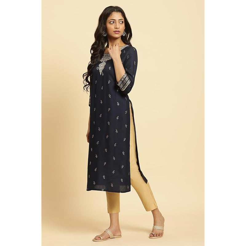 W For Woman Blue Floral Printed Straight-Long Kurta with Metallic Embroidery S синий
