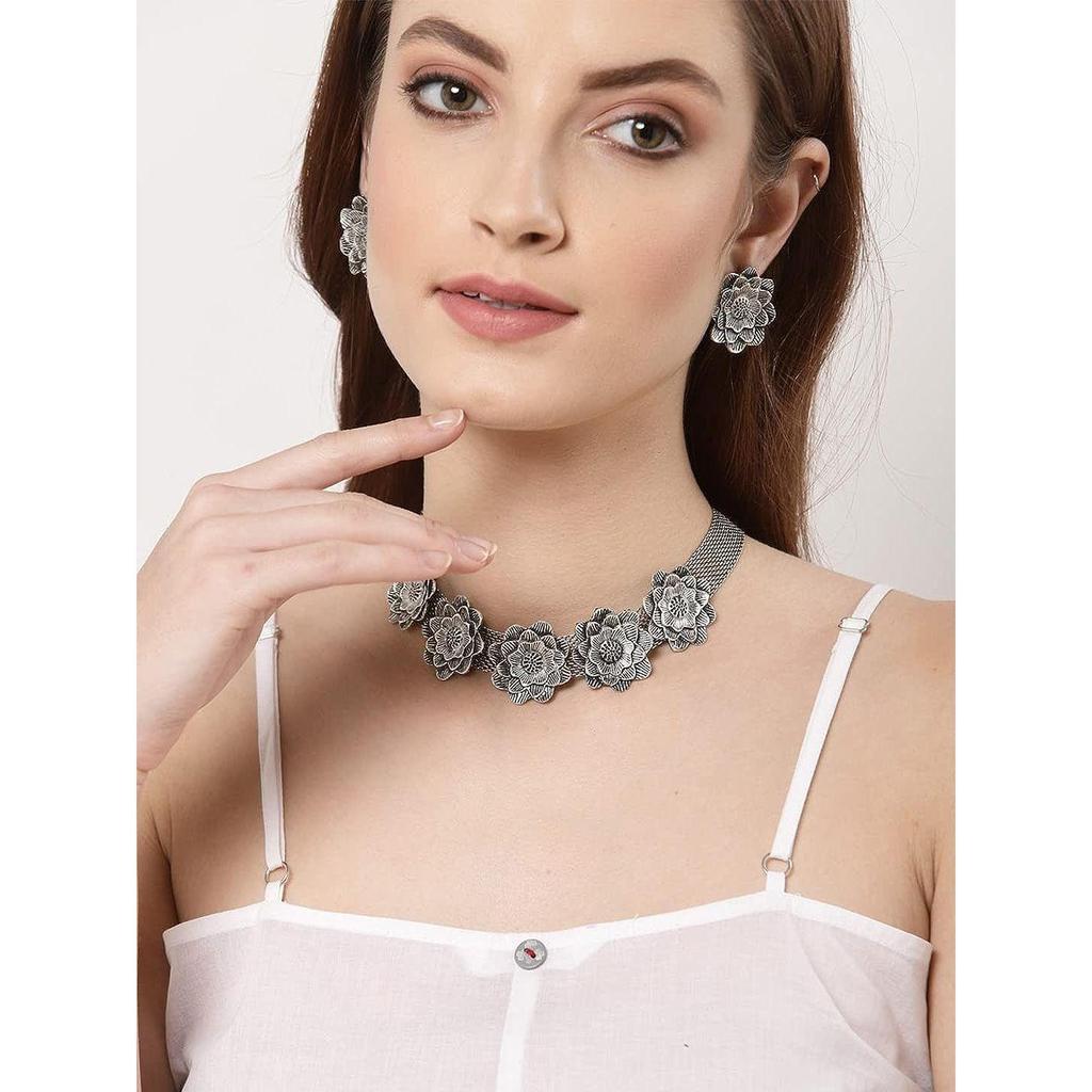 Shining Diva Fashion Latest Stylish Traditional Oxidised Silver Necklace Jewellery Set for Women
