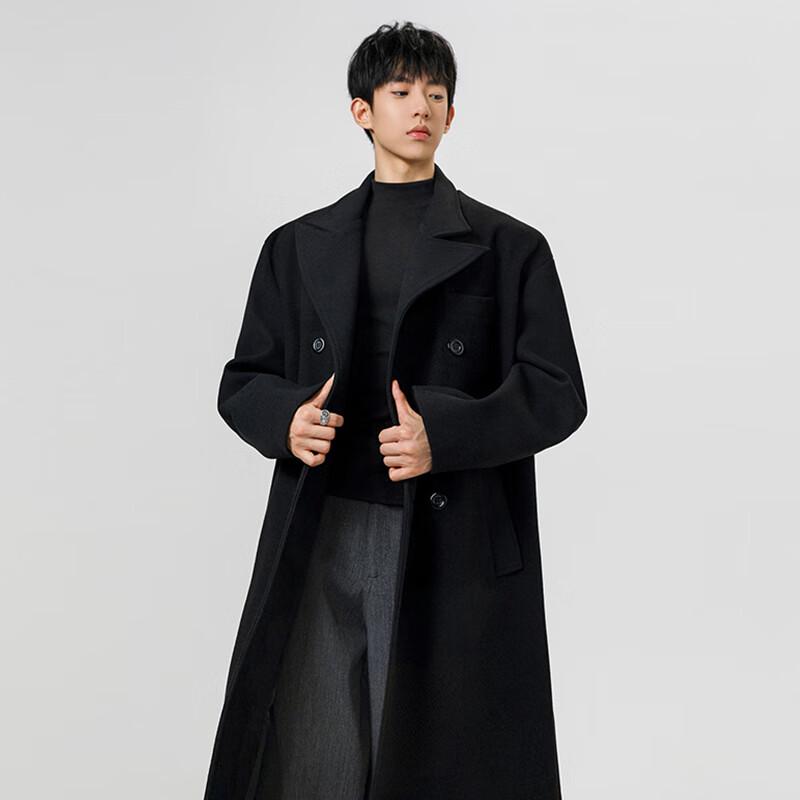 ROMON Men's Mid-Length Wool Blend Double-Breasted Trench Coat