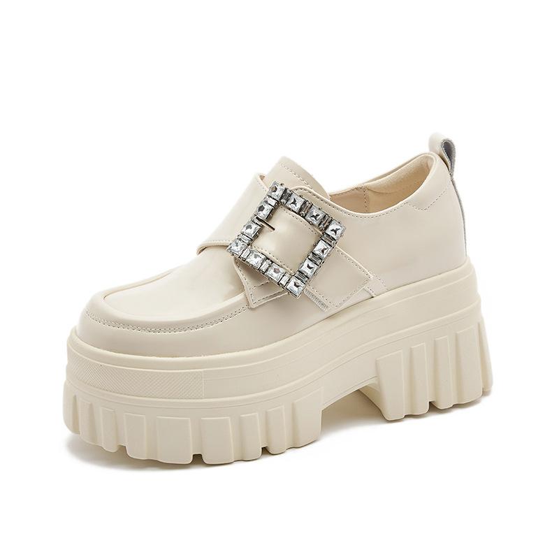 

Женские лоферы на платформе 2025 весна новая кожа черные универсальные британские туфли на высоком каблуке маленькие кожаные туфли туфли-слипоны 39 бежевый