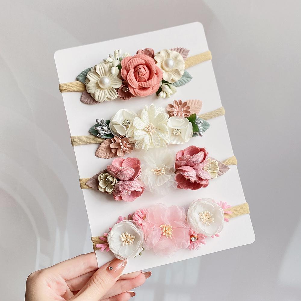3/4Pcs/set Cute Artificial Flower Baby Headband Newborn Elastic Nylon Hair Bands Toddler Hairbands Headwear Kid Accessories Gift