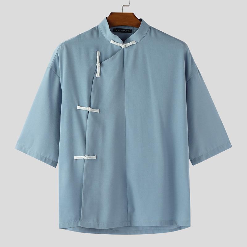 INCERUN Summer Men Vintage Stand Neck Short Sleeve Side Buttons Casual Vintage Shirts