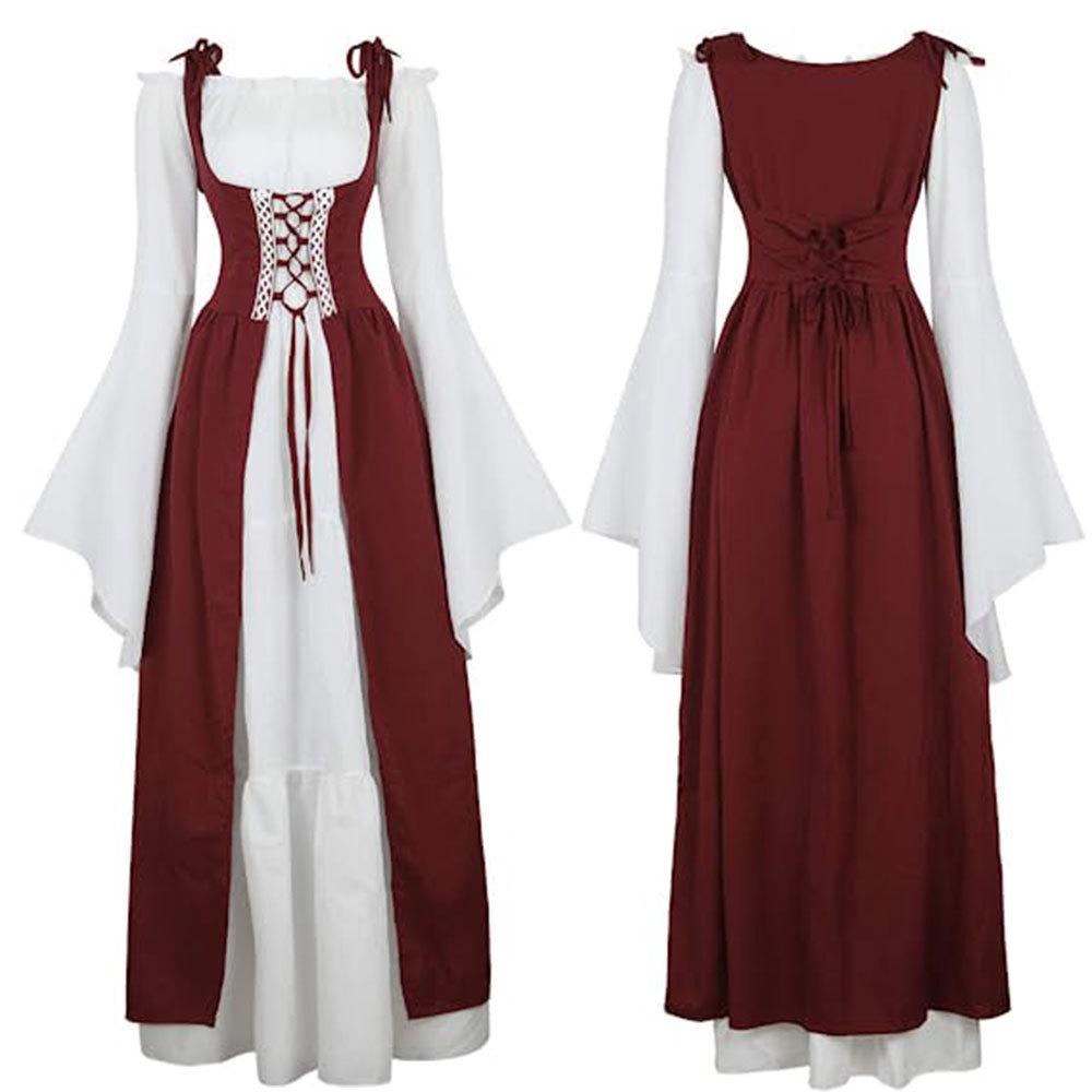 European and American Square Neck Tie-Up Waist Medieval Renaissance Vintage Dress Costume