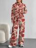 European, American Autumn and Winter Blue Flower Casual Long-sleeved Suit Women's Hooded Sweater Trousers Two-piece Set