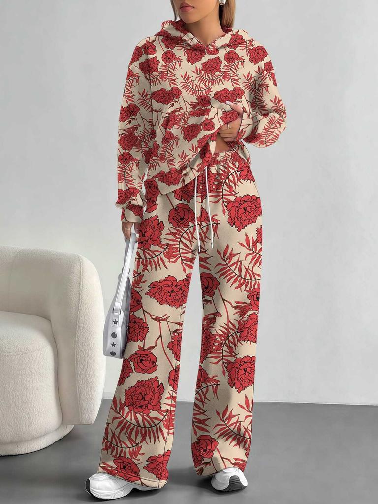 European, American Autumn and Winter Blue Flower Casual Long-sleeved Suit Women's Hooded Sweater Trousers Two-piece Set