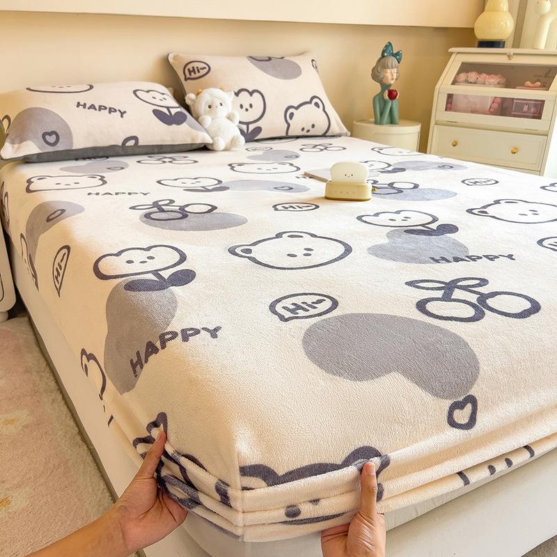 Winter Warm Flannel Fleece Bed Sheet Cartoon Flower Printed Thick Bed Sheets for Winter Single/Queen/King Soft Plush Bed Sheet