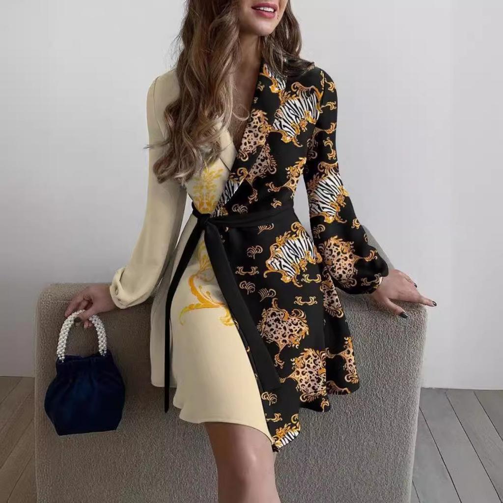 Turndown Collar Print Flower Dress Waist Hugging Elegant Lace Up Dress for Women Long Sleeve Loose Dresses Causal Backless Dress
