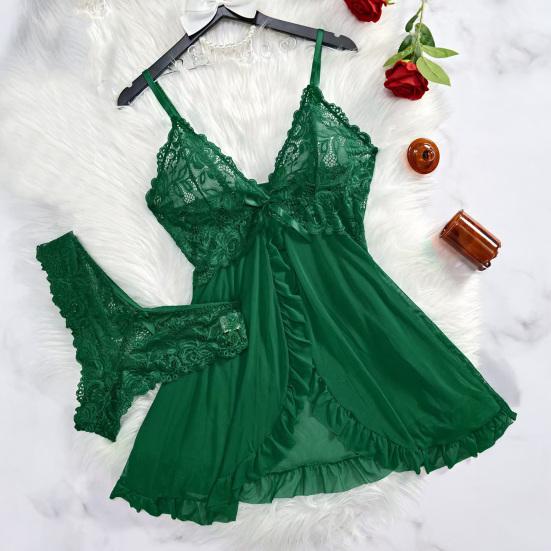 Sexy průhledná síťovaná body šaty s otevřeným předním dílem a kalhotkami Krajková košilka Bez rukávů Průhledná Mini noční košile