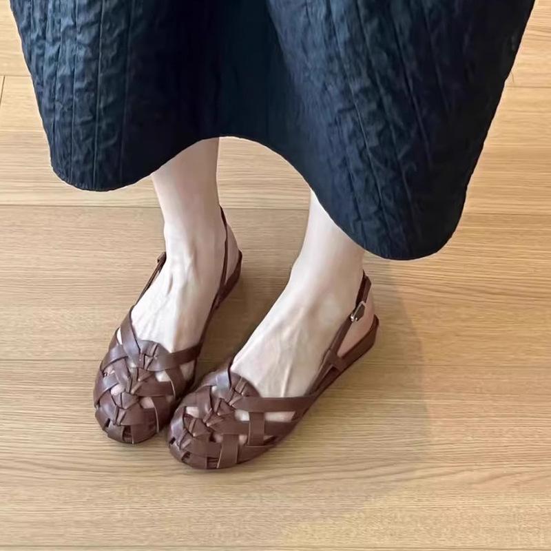 Sheepskin version~ Hollow and breathable pineapple head Roman shoes women's niche leather woven back strap flat-bottomed bag head sandals